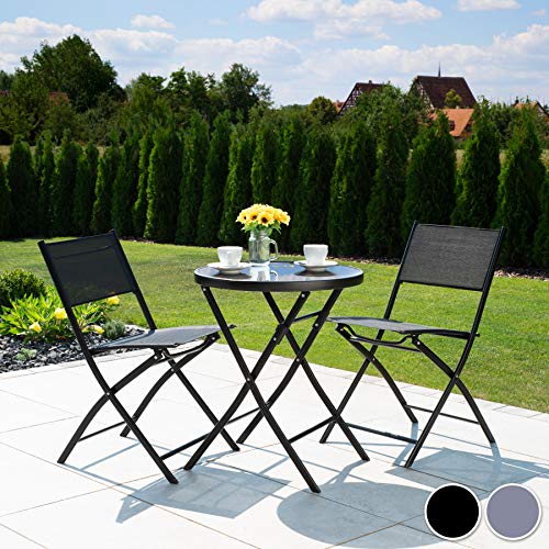 Conjunto de Muebles de Jardín Mesa y 2 Sillas de Acero, Terraza para Exterior Gris. Vista de conjunto en terraza. 800811 TecTake