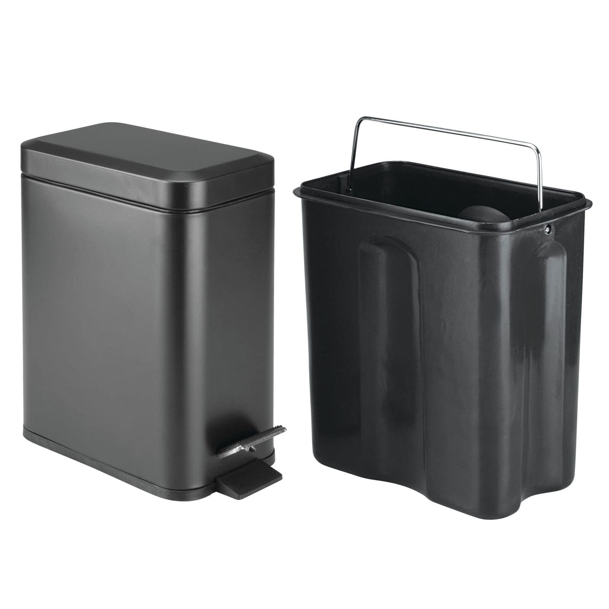 Cubo papelera de basura negra para despacho, baño o cocina mDesign sobre fondo blanco y cubeta interior