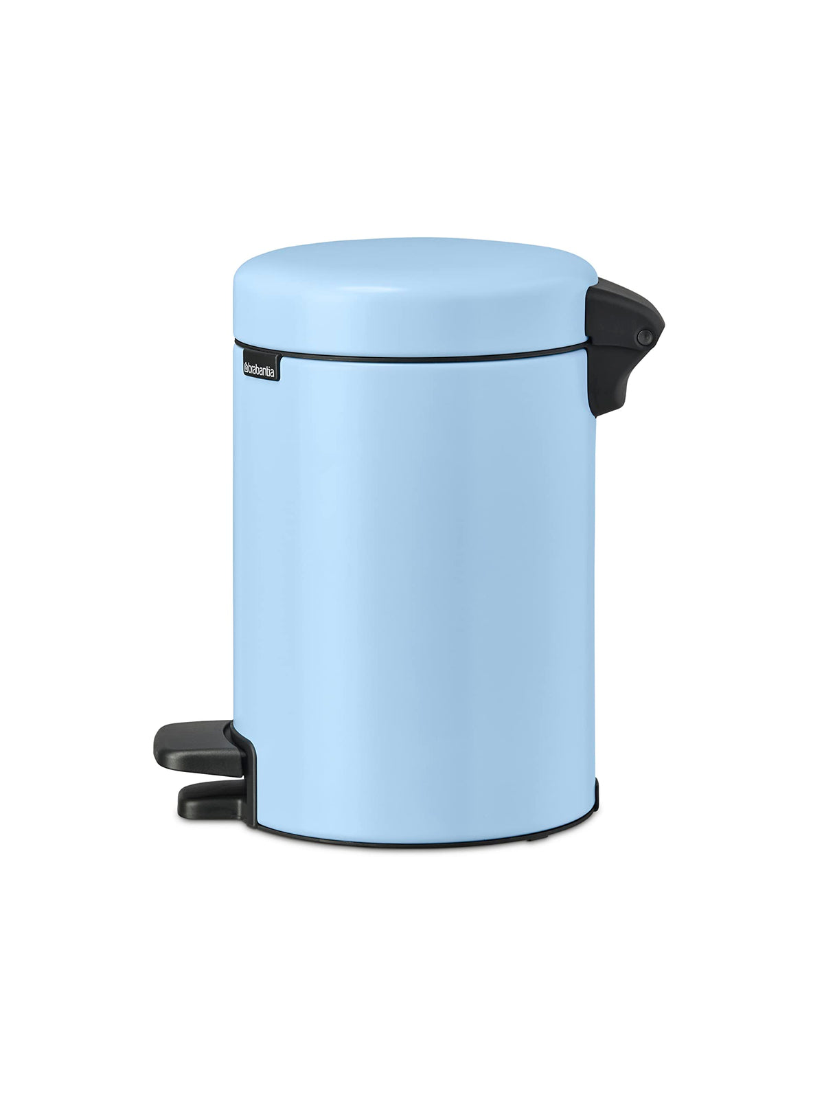 Papelera de pedal Brabantia azul claro de perfil sobre fondo blanco