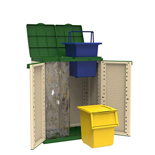 Detalle puertas abiertas y cubos de interior del Cubo eco para separación de residuos con 2 compartimentos de 110 litros cada uno. 43560. Terry.