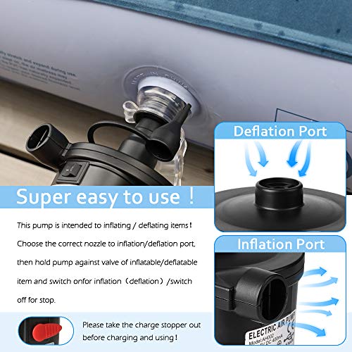 Uso mu fácil de Bomba de Aire Eléctrica Deeplee, Inflador con Bateria Recargable de llenado Rápido para Inflar Desinflar, Inflador para Colchón Hinchable, 3 Boquillas Incluidas (Adaptador USB: 5V). Detalle características