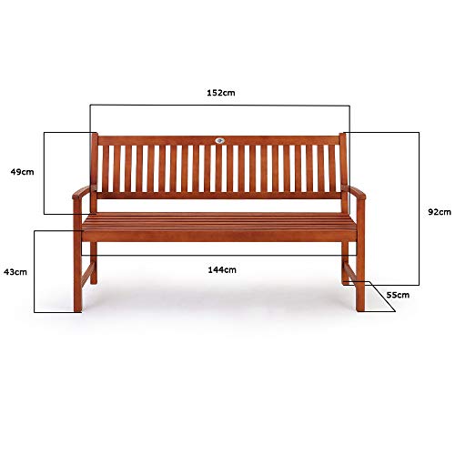 Medidas de banco de jardín de Eucalipto certificado de 3 plazas y 152 x 55 x 90 cm Casaria | maxjardin