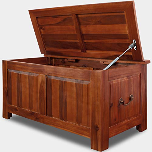 Baúl de interior de Madera de Acacia rústico con asa de Metal y apertura de pistón de Gas. Vista general con tapa abierta. Deuba
