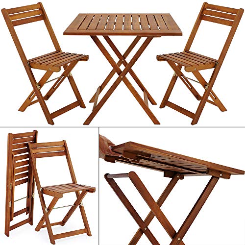 Conjunto de balcón Juego de 1 Mesa y 2 sillas Plegables de Madera de Acacia 60 x 60 cm terraza jardín. Vista de conjunto y modo de plegado. Deuba