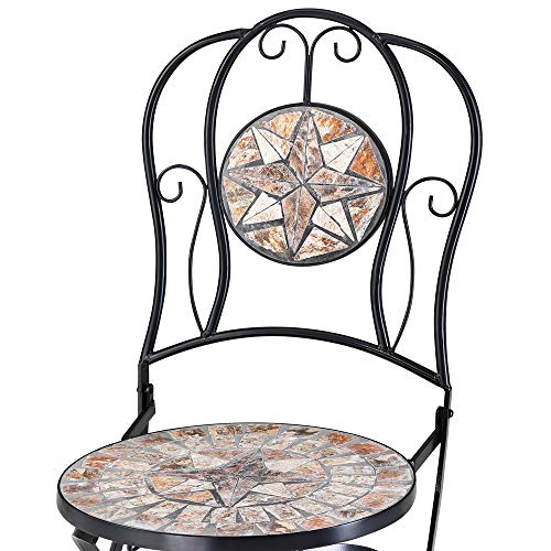 Conjunto de Mesa y 2 Sillas Plegables de metal y mosaico Color Arena Juego de Bistró de cerámica. Detalle de la silla. Deuba