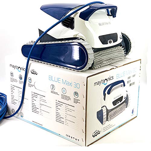 Vista de producto y packaging del Robot automático limpiafondos Dolphin Maytronics BLUE Maxi 30 para piscinas, fondo y paredes. sistema de navegación preciso Clever clean.