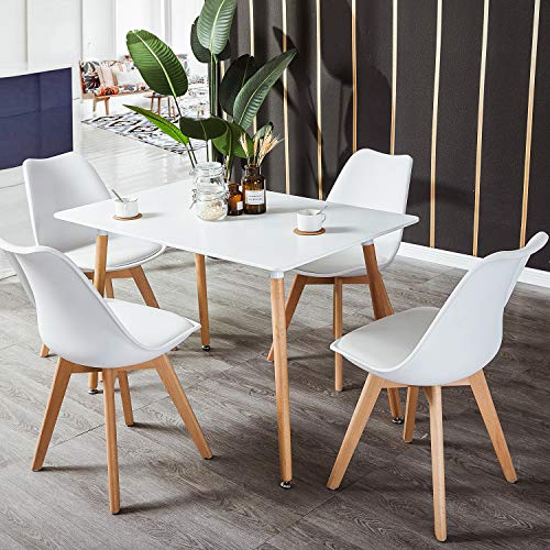 Ambiente con la Mesa de Comedor Rectangular, Estilo Escandinavo y Patas de Madera de Haya, tablero Blanco para Cocina 110x70x73 cm. DORAFAIR