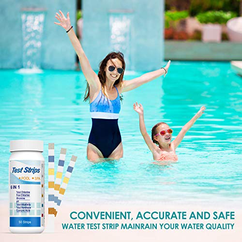 Disfruta en familia de la piscina con la ayuda de las Tiras de Papel Reactivas de Piscina para Pruebas de pH, Cloro Residual, alcalinidad, dureza, ácido cianúrico, 6 en 1 Papel de Prueba de Agua, para SPA, piscinas, hidromasaje (100 Piezas). Ehomfy