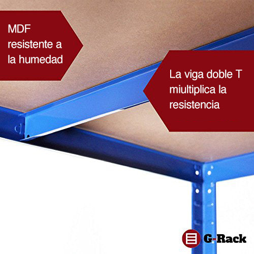 Estantería de Almacenamiento para Garaje, Acero Inoxidable con Recubrimiento de Polvo Azul, 180cm x 90cm x 40cm. G-Rack 0022..MDF resistente a la humedad y viga de doble T multiplica la resistencia