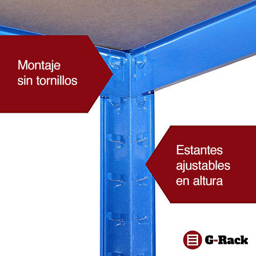 Estantería de Almacenamiento para Garaje, Acero Inoxidable con Recubrimiento de Polvo Azul, 180cm x 90cm x 40cm. G-Rack 0022.. Montaje sin tornillos y estantes ajustables en altura