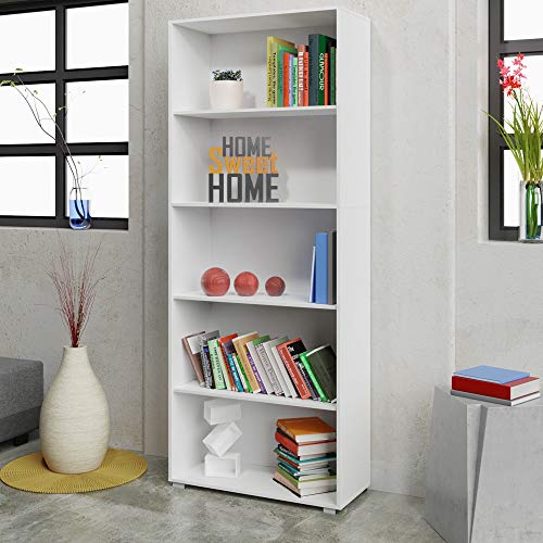 Vista en salón de Estantería librería 'Vela' color Blanco de 5 estantes 190 cm para Oficina o Dormitorio. Casaria
