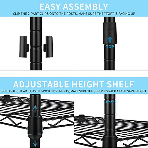 Fácil ensamblaje y ajustable en altura de Estantería Multiuso Ajustable, con 2 x 5-Ganchos Laterales, Capacidad de Carga 25 kg por Balda, 59 x 34 x 150 cm - Negro. Alvorog