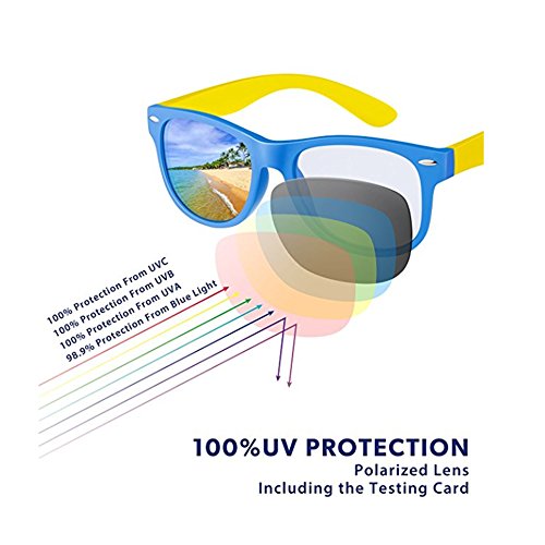 Protección a diferentes tipos de rayos solares de Gafas de sol 100% UV Proof infantiles, Color azul y amarillo. FOURCHEN