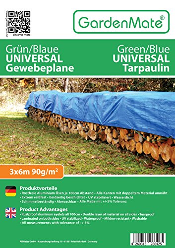 Protege la leña de la lluvia con la Lona de protección Universal azul/verde 3 x 6 m 90 g/m2 | Funda protectora | Lona impermeable. GardenMate