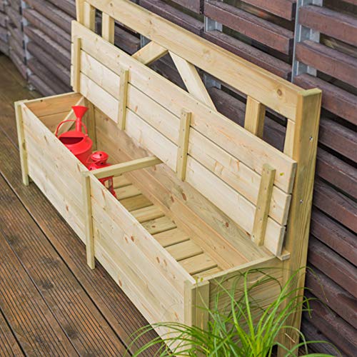 Banco Arcón de Madera Tratada para Jardín Maxim 159x39x90 cm 160 litros. Gardiun. Detalle ambiente con tapa abierta