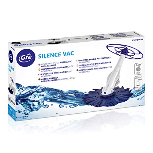 Packaging del Limpiafondos aspiración automática para piscinas hasta 180 cm altura, necesario sistema filtración entre 0,5 y 1,5 CV. Silence Vac 90397. GRE
