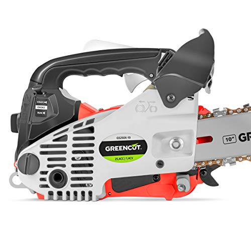 Detalle de perfil de la Motosierra para Poda a gasolina 25, 4cc y 1,4cv con espada de 10'' Arranque Easy-Start, Sistema Anti-Vibración, Incluye protector de espada y KIT. GS250X-10 - GREENCUT