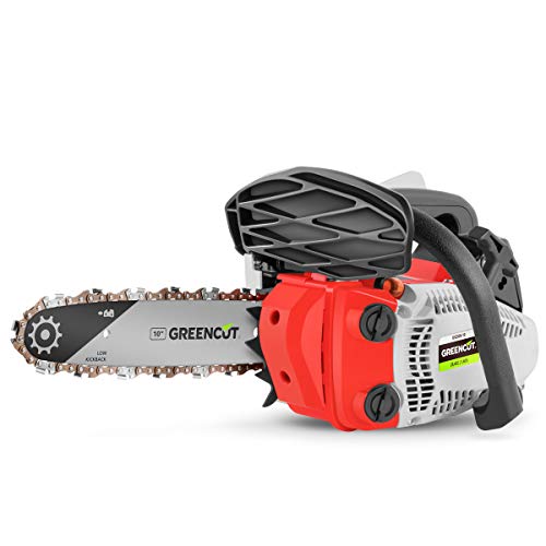 Vista de la Motosierra para Poda a gasolina 25, 4cc y 1,4cv con espada de 10'' Arranque Easy-Start, Sistema Anti-Vibración, Incluye protector de espada y KIT. GS250X-10 - GREENCUT