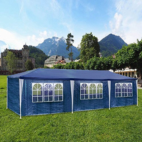Vista en jardín con la Carpa Pabellón 3x9 m tienda campaña cúpula polietileno Acero tubos con 6 laterales y 2 entradas resistente al agua Incluye 6 paredes desmontables color azul. HG.