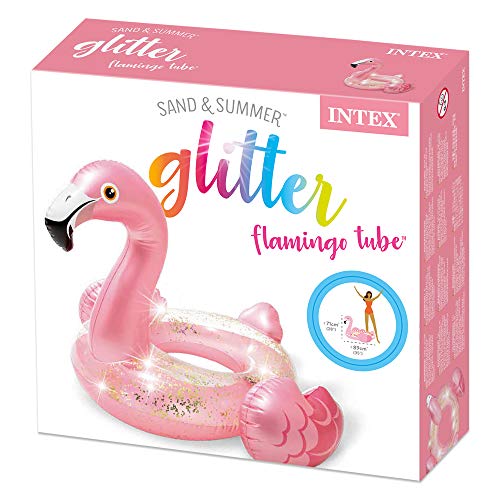 Flotador flamenco rosa con purpurina de fantasía para fiesta infantil en piscina. Packaging. Intex 56251NP