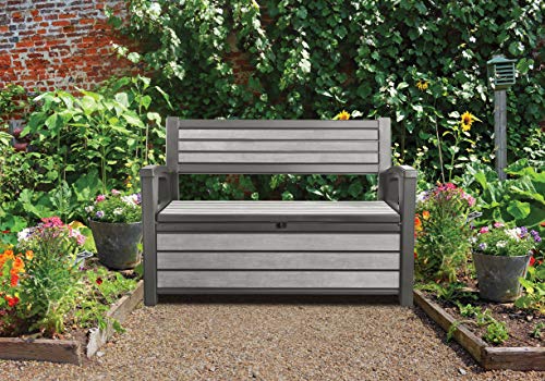 Banco de jardín con almacenamiento. Hudson Bench Cojín Caja, 227 L, Antracita, 132,7 X 62,1 x 89 cm. Keter | maxjardin