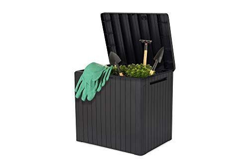 Keter City Box Arcón, Efecto Madera, 44 x 58 x 55 cm con enseres de jardinería