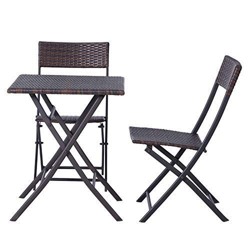 Conjunto de 3 Piezas de Ratán Juego de 2 Sillas y Mesa para Patio Balcón Jardín Plegable Diseño Trenzado Elegante Mesa de 60x60x72 cm Color Marrón. Conjunto de frente y perfil. Outsunny