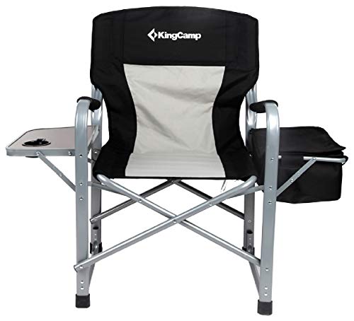 Vista frontal de la Silla de director plegable de acero con bolsa de enfriamiento y mesa auxiliar. KingCamp