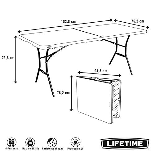 Medidas de la Mesa plegable en maleta multiusos resistente 184 x 76 x 73,5 cm UV100. 80471 LIFETIME