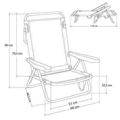 Medidas del Pack de 2 sillas de Playa Convertibles en Cama de Aluminio y textileno (Azul Marino). LOLAhome