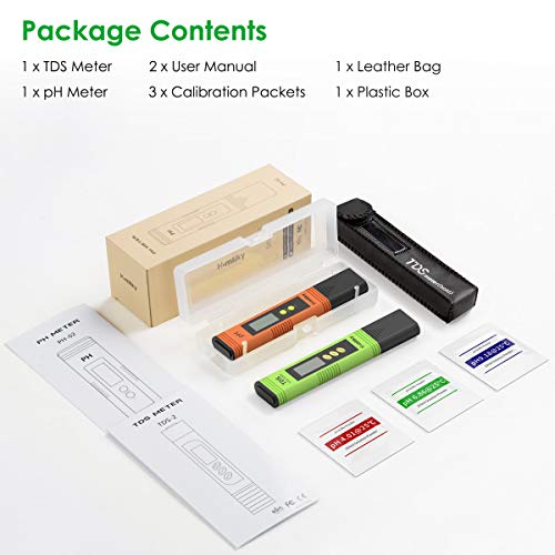 Contenido del pack del Medidor PH Digital TDS Temperatura EC 4 en 1, Probador de Calidad del Agua con Rango de Medida de 0-14 pH, 0-9999ppm Calibración Automática. Homtiky