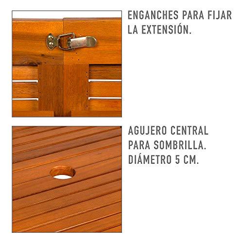 Detalle de enganche de fijación y agujero de sombrilla de la Mesa extensible ovalada en madera de acacia. Garden 61026. Aktive