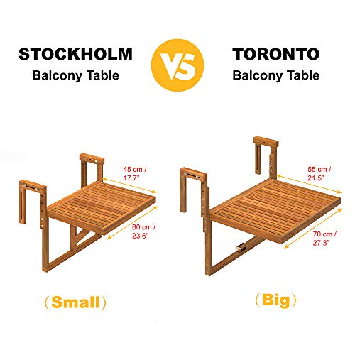 Medidas comparadas de 2 modelos Stckholm yToronto. Mesa auxiliar Plegable para balcón 60X45CM Madera de Acacia FSC Ajustable Color Blanco orgánico. Stockholm. INTERBUILD