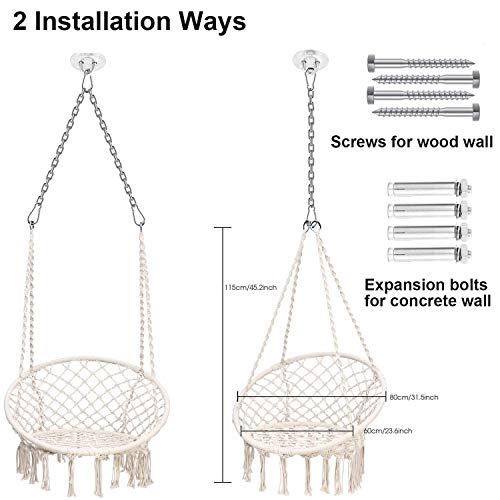 2 Formas de instalación de la Silla Colgante con cojín Suave y Kit de Montaje para Colgar, Duradero, Fabricado con Cuerda de macramé de algodón 100% para Interior. Ohuhu