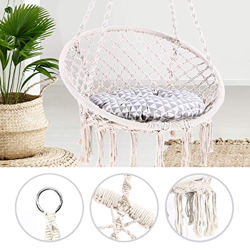 Vista y características de la Silla Colgante con cojín Suave y Kit de Montaje para Colgar, Duradero, Fabricado con Cuerda de macramé de algodón 100% para Interior. Ohuhude