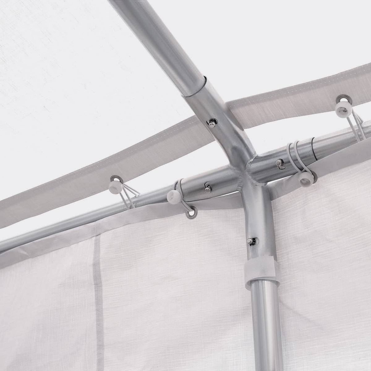 Detalle de estructura y sujeción de lonas del Pabellón 6x4m 4 Paneles Laterales 6 Ventanas, Acero PE Blanco. Outsunny