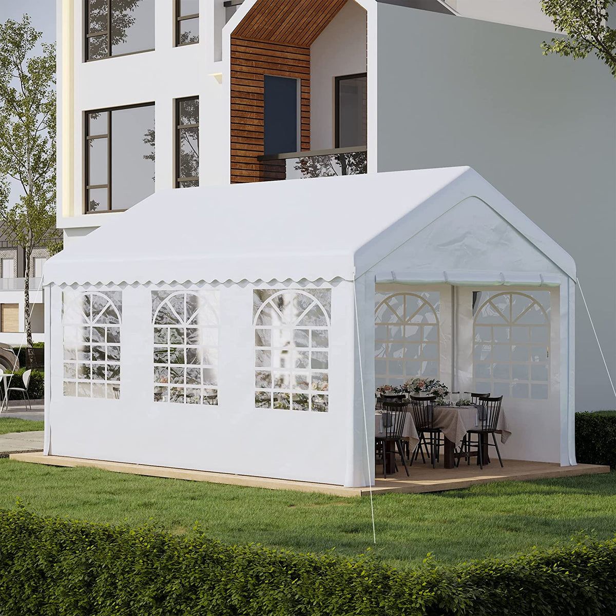 Pabellón 6x4m 4 Paneles Laterales 6 Ventanas, Acero PE Blanco en jardín listo para la celebración. Outsunny