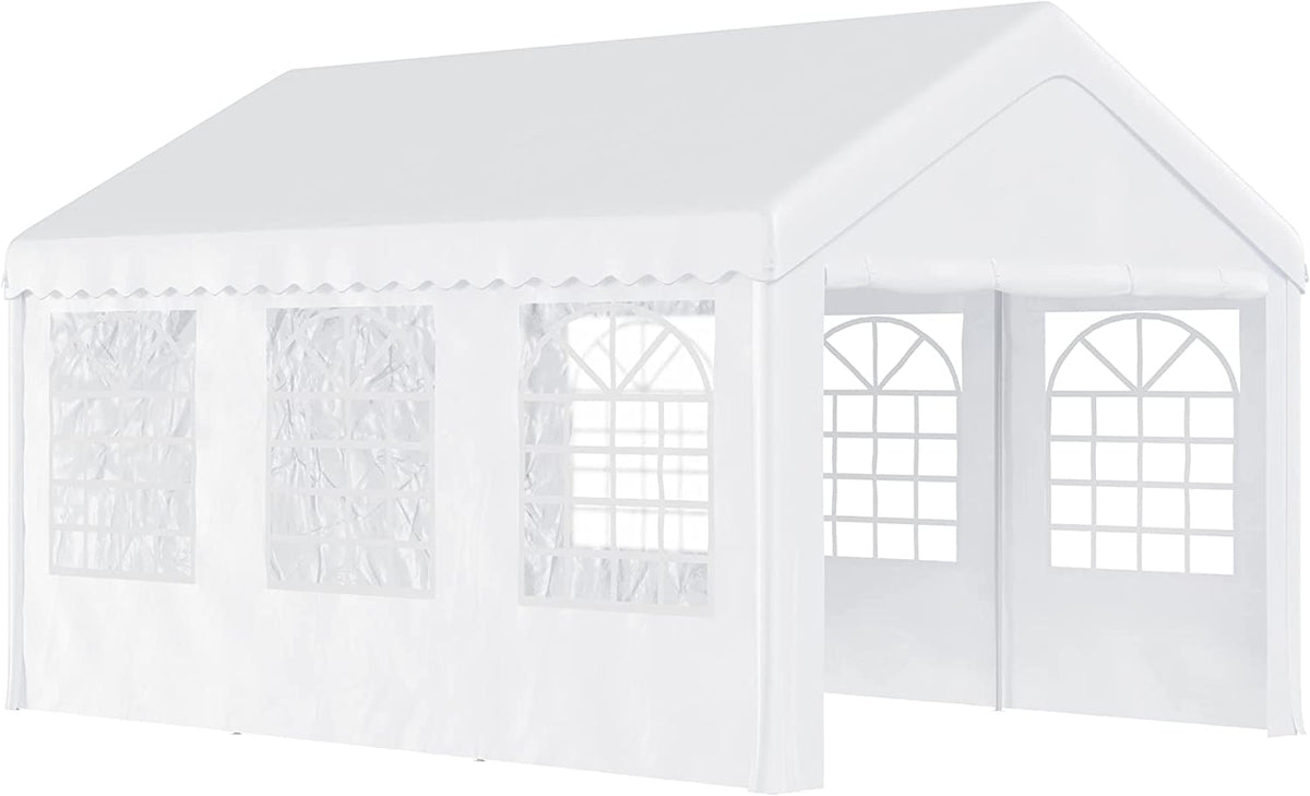 Carpa 6x4m 4 Paneles Laterales 6 Ventanas, Acero PE Blanco. Vista con laterales. Outsunny