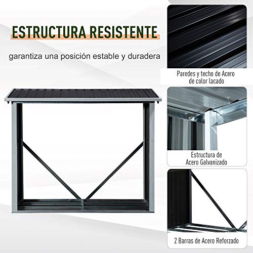 Casetilla para Leña de Acero Galvanizado Cobertizo Leñero Almacenaje con Imbornal para Jardín Exteriores con Techo Inclinado 182x89x136/148 cm Gris Oscuro. Estructura resistente. Outsunny | maxjardin