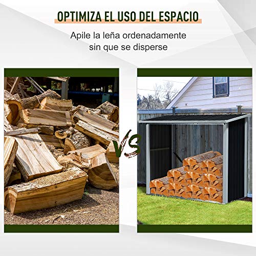 Casetilla para Leña de Acero Galvanizado Cobertizo Leñero Almacenaje con Imbornal para Jardín Exteriores con Techo Inclinado 182x89x136/148 cm Gris Oscuro. Espacio optimizado. Outsunny | maxjardin