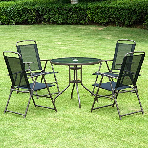Conjunto de Muebles para Jardín con 4 Sillas 1 Mesa y 1 Parasol Textilene Acero y Poliéster. Outsunny. Detalle mesa y sillas en jardín