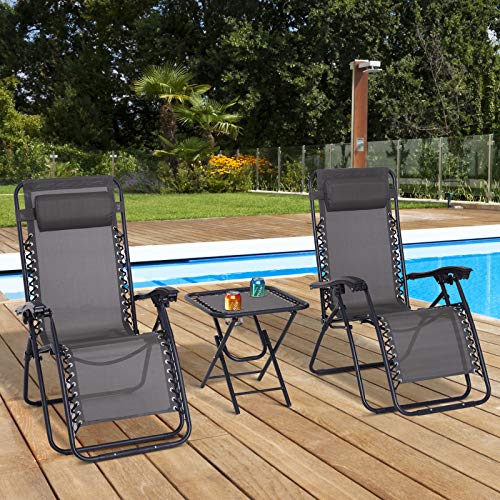 Conjunto de 1 Mesa y 2 Tumbonas Set Exteriores Plegable y Portátil para Jardín Playa Relajante con Respaldo Reclinable Textilene Acero Gris. Conjunto en patio junto a piscina. Outsunny