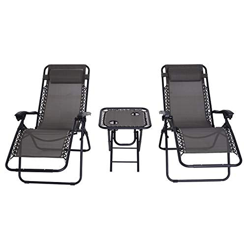 Conjunto de 1 Mesa y 2 Tumbonas Set Exteriores Plegable y Portátil para Jardín Playa Relajante con Respaldo Reclinable Textilene Acero Gris. Vista frontal. Outsunny