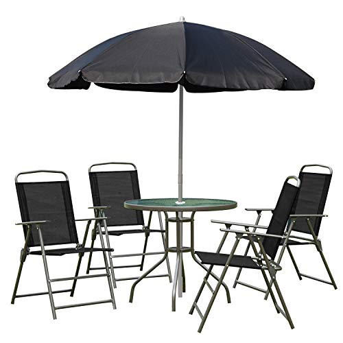 Conjunto de Muebles para Jardín con 4 Sillas 1 Mesa y 1 Parasol Textilene Acero y Poliéster. Vista del conjunto. Outsunny