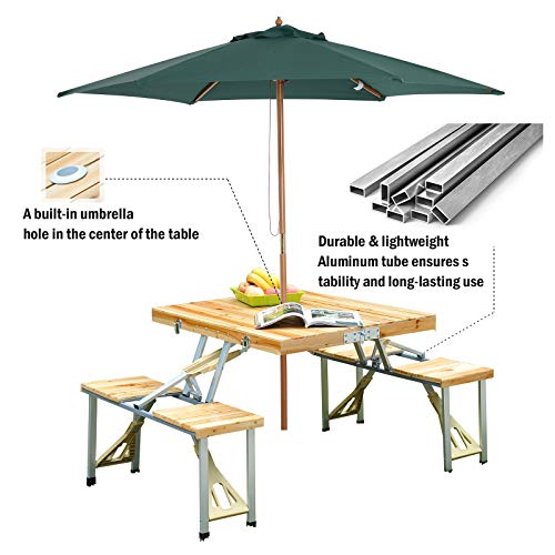 Estructura resistente de aluminio y agujero para sombrilla de la Mesa Plegable en Maleta para Camping Picnic Playa de Madera con 4 Asientos, Agujero de Sombrilla 138x85x68 cm. Outsunny