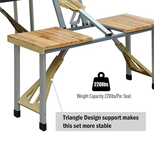 Soporta hasta 100 kilos por asiento con la Mesa Plegable en Maleta para Camping Picnic Playa de Madera con 4 Asientos, Agujero de Sombrilla 138x85x68 cm. Outsunny