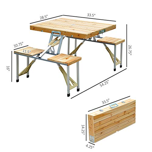Medidas plagada y desplegada la Mesa Plegable en Maleta para Camping Picnic Playa de Madera con 4 Asientos, Agujero de Sombrilla 138x85x68 cm. Outsunny