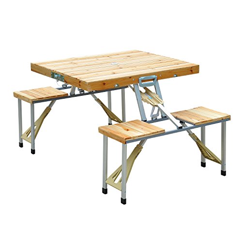Mesa Plegable en Maleta para Camping Picnic Playa de Madera con 4 Asientos, Agujero de Sombrilla 138x85x68 cm. Outsunny