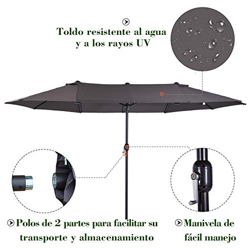 Características del Parasol Sombrilla Doble Tela de Poliéster Protección Solar UV 4.6x2.7x2.4m Gris. Outsunny