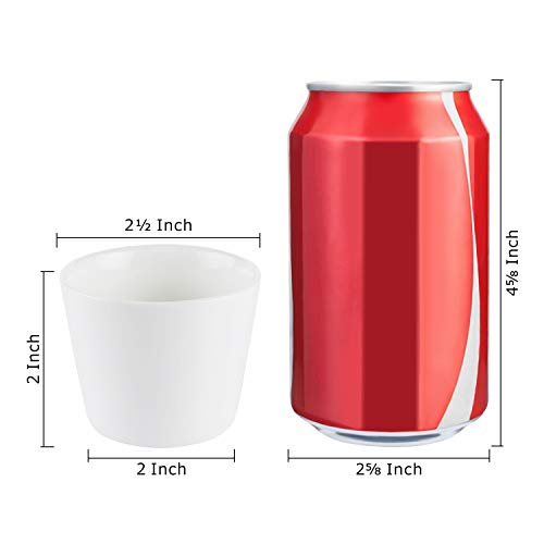 Medidas de la maceta de cerámica blanca con medidas comparada con una lata de refresco sobre fondo blanco